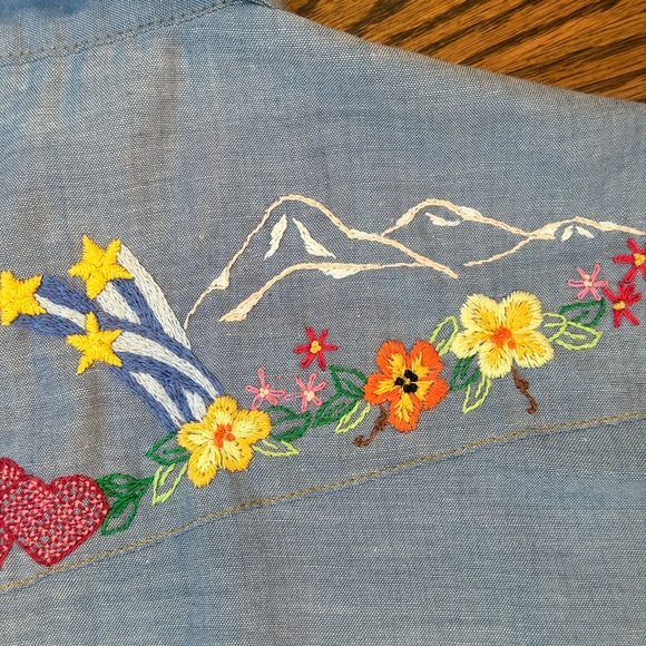 Vintage Sears Chambray Embroidered Western Shirt with Pearl Snaps sz M - Picture 10 of 14